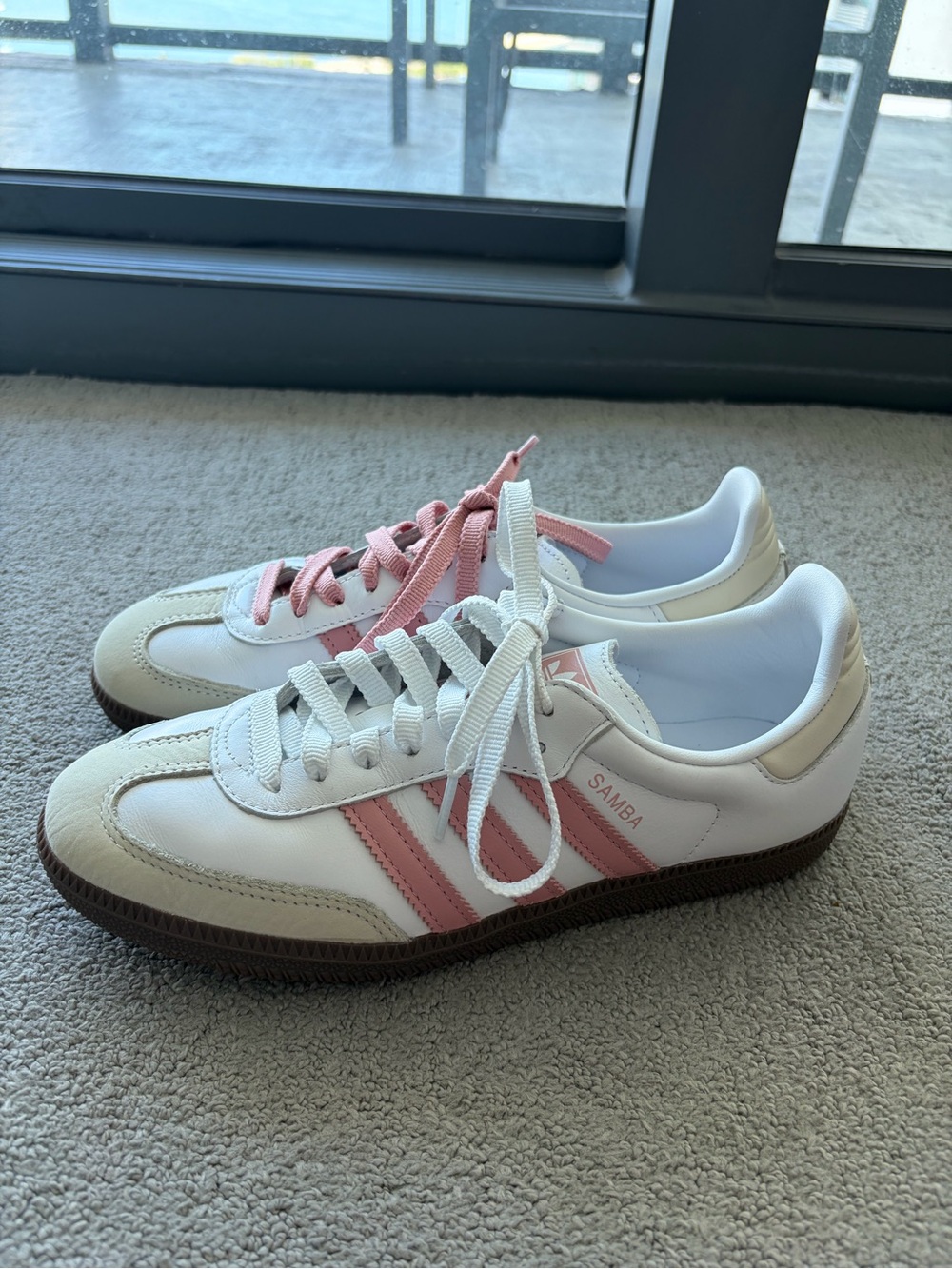 adidas Samba Leather Sneakers in White with Pink Stripes